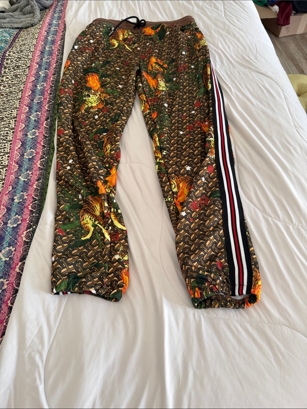 Reason Tropical Tiger Print Track Pants with Striped Side Tape